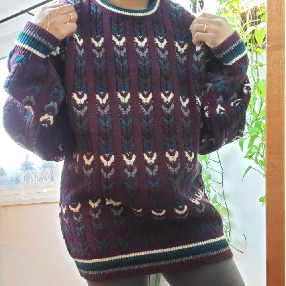 VINTAGE | Jantzen Crewneck Multicolour Cable Knit Pullover Sweater (Size L) - Picture 2 of 13